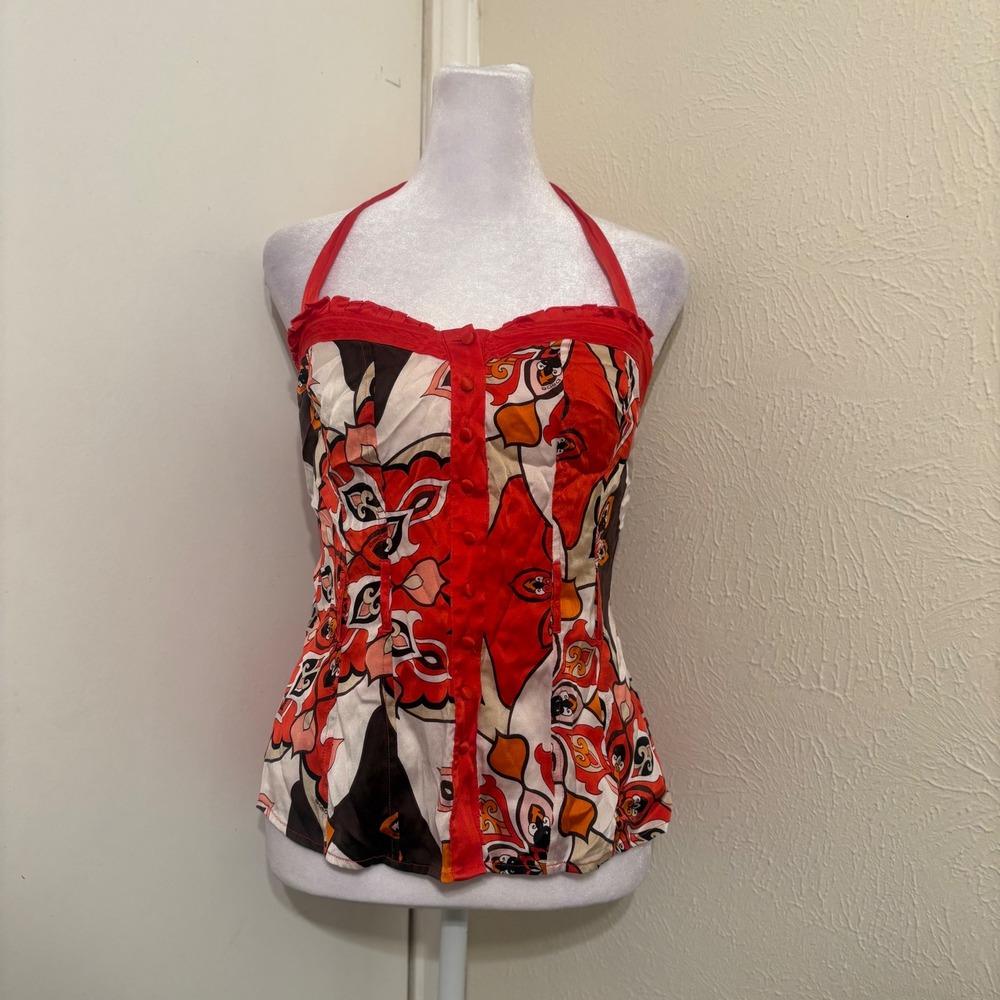 Bebe Silk Blend Halter Top Red Orange Paisley Corset Style Smocked Back XS
